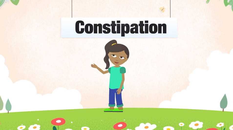 girl under a sign that says constipation