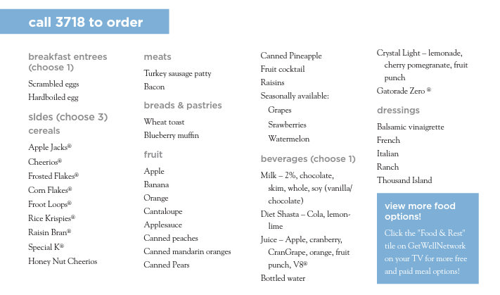 an image of meal options from the caregiver menu