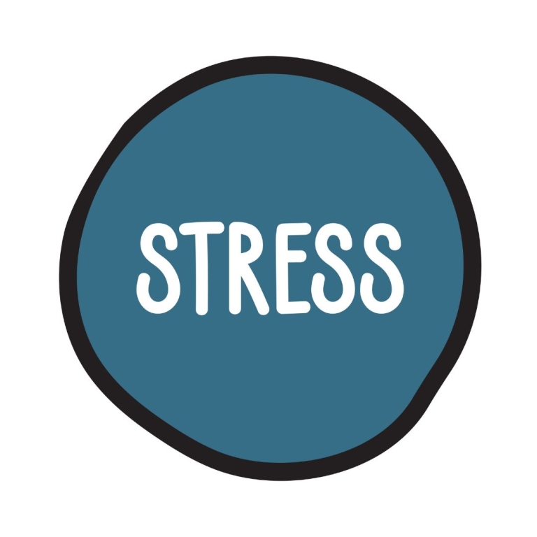 blue circle with the word "stress" written inside in white