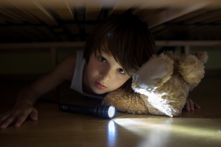 Child with flashlight under the bed